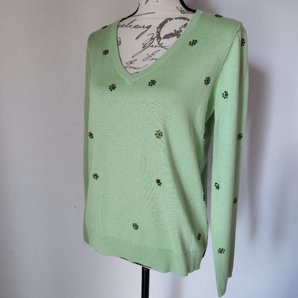 NWoT BEA YUK MUI Crystal Embellished Silk Cotton Sweater V-Neck Green - Picture 2 of 11